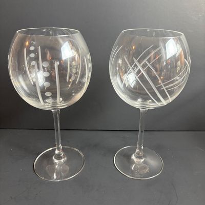 LOT 105: Oster Electric Wine Opener, Cobalt Blue Wine Glasses, Etched Glass Wine Goblets, Gold Rimmed & Christmas Tree Wate/Wine Glasses