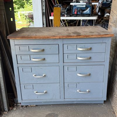 LOT 42: Metal 8-Drawer Workbench Cabinet with Wood Top - Contents Included