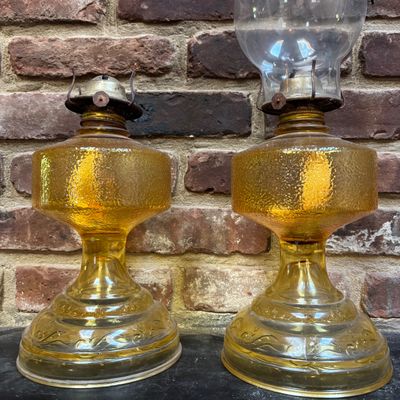 LOT 99: Vintage Amber Oil Lamps w/1 Oil Lamp Chimney