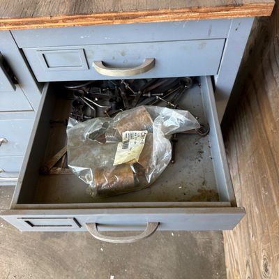LOT 42: Metal 8-Drawer Workbench Cabinet with Wood Top - Contents Included