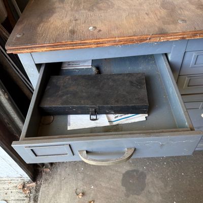 LOT 42: Metal 8-Drawer Workbench Cabinet with Wood Top - Contents Included