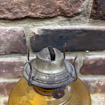 LOT 99: Vintage Amber Oil Lamps w/1 Oil Lamp Chimney