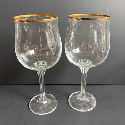 LOT 105: Oster Electric Wine Opener, Cobalt Blue Wine Glasses, Etched Glass Wine Goblets, Gold Rimmed & Christmas Tree Wate/Wine Glasses