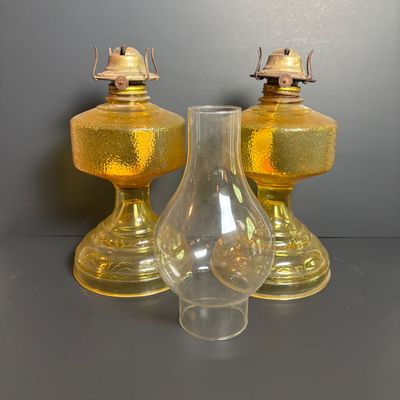 LOT 99: Vintage Amber Oil Lamps w/1 Oil Lamp Chimney