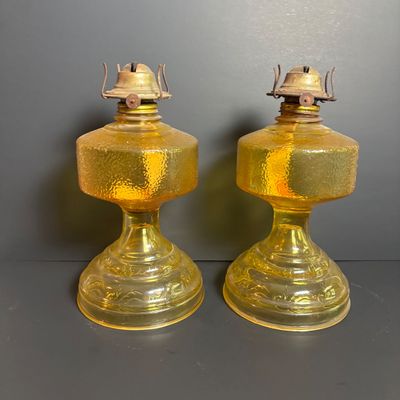 LOT 99: Vintage Amber Oil Lamps w/1 Oil Lamp Chimney