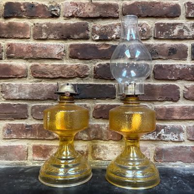 LOT 99: Vintage Amber Oil Lamps w/1 Oil Lamp Chimney