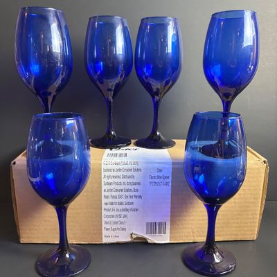 LOT 105: Oster Electric Wine Opener, Cobalt Blue Wine Glasses, Etched Glass Wine Goblets, Gold Rimmed & Christmas Tree Wate/Wine Glasses