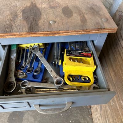 LOT 42: Metal 8-Drawer Workbench Cabinet with Wood Top - Contents Included