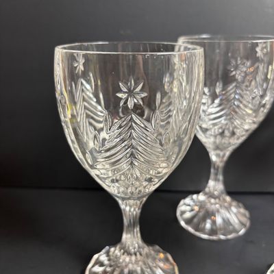 LOT 105: Oster Electric Wine Opener, Cobalt Blue Wine Glasses, Etched Glass Wine Goblets, Gold Rimmed & Christmas Tree Wate/Wine Glasses