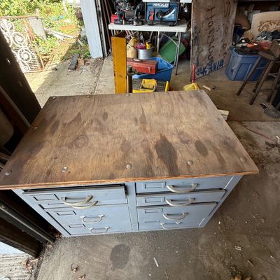 LOT 42: Metal 8-Drawer Workbench Cabinet with Wood Top - Contents Included