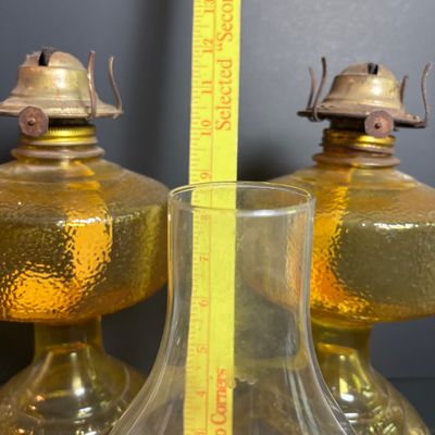 LOT 99: Vintage Amber Oil Lamps w/1 Oil Lamp Chimney
