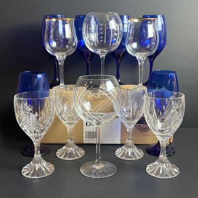 LOT 105: Oster Electric Wine Opener, Cobalt Blue Wine Glasses, Etched Glass Wine Goblets, Gold Rimmed & Christmas Tree Wate/Wine Glasses