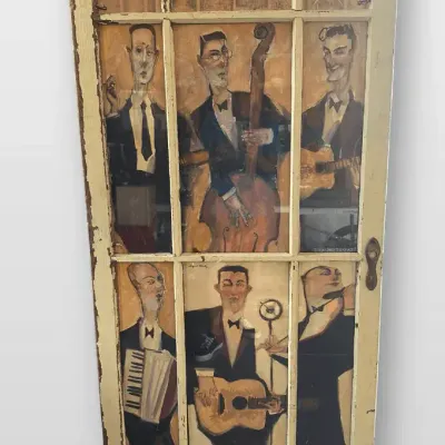 Ingrid Bailey Original Jazz Musicians Oil Painting Multi Panel Salvaged Window Wood Door 60x28
