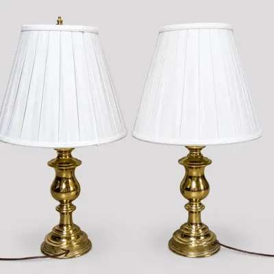 Brass Table Lamps Set of 2 Pleated Shade Traditional Bedside Nightstand Lights