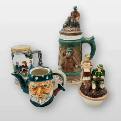German Beer Stein Lidded Ceramic Teapot Figurin Set of 4