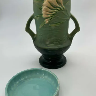 Roseville USA Art Pottery Double Handle Vases and Matching Bowls Collector