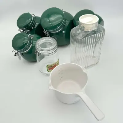Green Ceramic Canister Set Glass Pitcher France Triomphe Jar Measuring Scoop