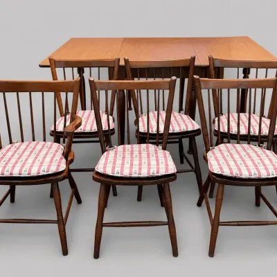Mid Century Modern Drop Leaf Dining Table 69x42 and 6 Spindle Back Chairs Set