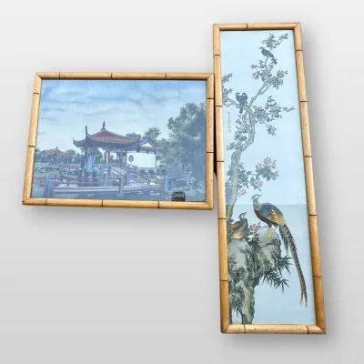 Asian Framed Silk Art Prints Chinese Landscape Pagoda Pheasant Decor