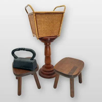 Wooden Plant Stand Small Milking Stools Cast Iron Sad Iron and Rattan Cane Basket Set
