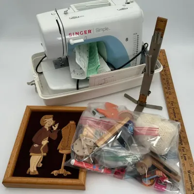 Singer Simple Sewing Machine 3116 Vintage Metal Skirt Hemmer Wood Art Notion
