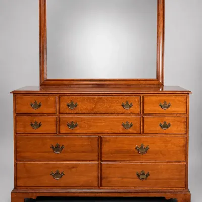 Cherry Wood Triple Dresser with Mirror Mid Century 10 Drawer Bureau
