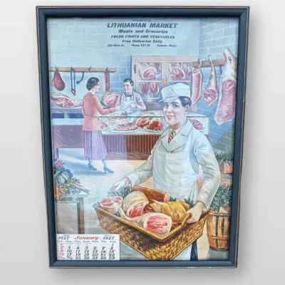 1927 Calendar Lithuanian Market Framed Butcher Shop Advertising Art