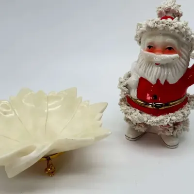 Italian Alabaster Leaf Dish Bowl Gold Feet and MCM Ceramic Santa Planter