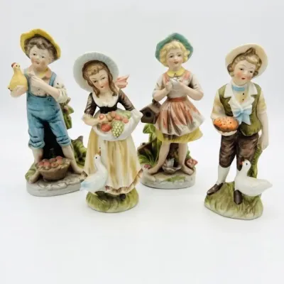 Vintage HOMCO Ceramic Figurine Set 4 Piece Farm Boy Girl Ducks Harvest Japan