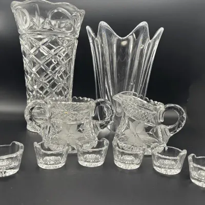 Cut Crystal Glass Vases Pitcher Open Sugar Bowl Salt Cellars Set