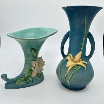 Roseville USA Water Lily Blue Cornucopia Vase and Double Handle Vase