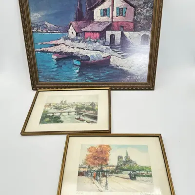 Charles Blondin Signed Paris Prints Notre Dame Seine and B. Volin Mediterranean Coastal Oil Painting