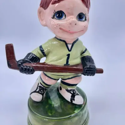 Ceramic Hockey Player Figurine Boy Number 1 Sports Statue 11 Inches