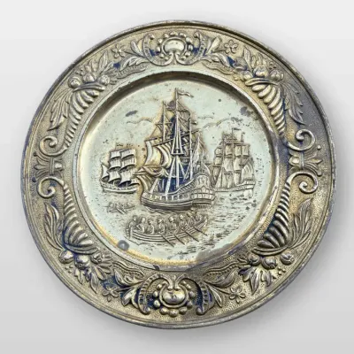 Brass Wall Plate Embossed Sailing Ships Nautical Decor 16.5