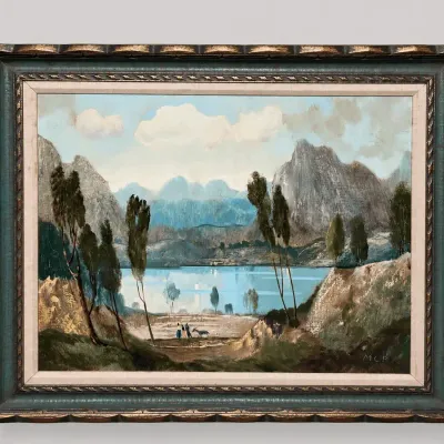 Vintage Landscape Oil Painting Mountain Lake Scene Signed Ornate Wood Frame