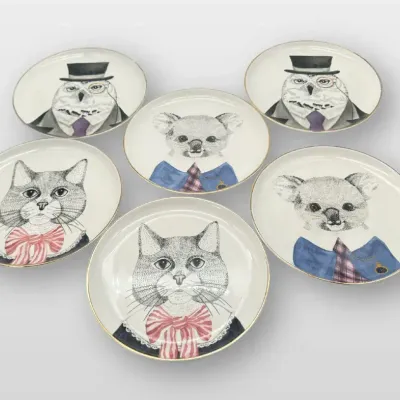 Pier 1 Imports Fine China Dressed Animals Dessert Plates Cat Owl Koala Set