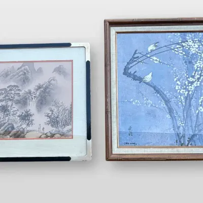 Chinese Shanshui Landscape & Chiu Weng Bird Blossom Framed Art Prints Set of 2