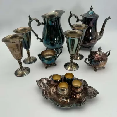 Silver Plated Tea Set Coffee Service Heavy Tarnish Goblets Tray Pitcher