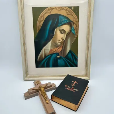 Catholic Holy Bible Framed Print and Wooden Crucifix Set
