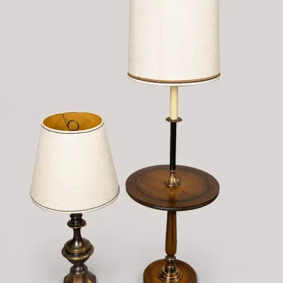 Wood Table Floor Lamp and Brass Accent Table Lamp Pair