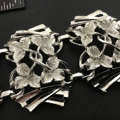 Silver tone Leaf Motif Wide Panel Bracelet