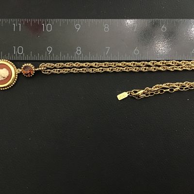 Amber Rhinestone Cameo Necklace Gold Tone 1928
