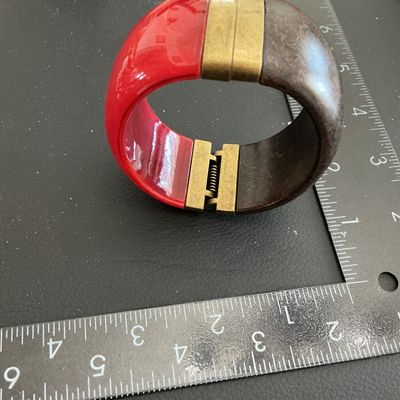 Sale Photo Thumbnail #157: Very nice Vintage lucite type and wood type hinged fashion bracelet 
Please see attached pictures