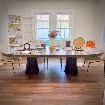 Sale Photo Thumbnail #2: Custom-made dining table by LA artist Cooper Reynolds Gross - brushed brass frame with four removable terrazzo panels, and drum legs - all can be take apart for transport