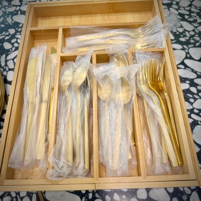 Sale Photo Thumbnail #31: Williams Sonoma Fortessa Arezzo brushed gold flatware - eight sets of 5-piece place settings