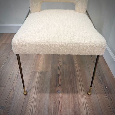 Sale Photo Thumbnail #13: Ten Studio Van Den Akker dining chairs - off-white boucle with brushed bronze and brass legs - two captain's chairs and eight side chairs