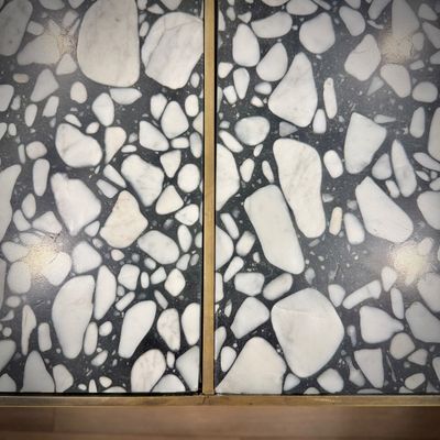Sale Photo Thumbnail #8: Custom-made dining table by LA artist Cooper Reynolds Gross - brushed brass frame with four removable terrazzo panels, and drum legs - all can be take apart for transport
