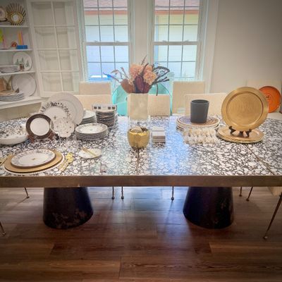 Sale Photo Thumbnail #3: Custom-made dining table by LA artist Cooper Reynolds Gross - brushed brass frame with four removable terrazzo panels, and drum legs - all can be take apart for transport