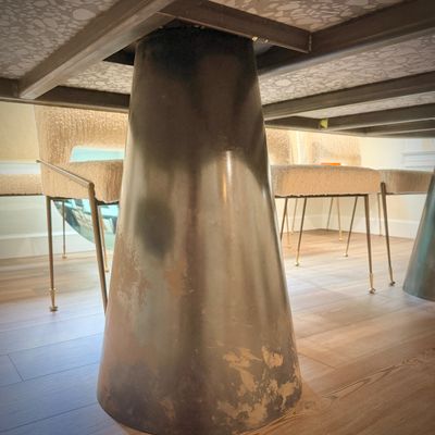 Sale Photo Thumbnail #9: Custom-made dining table by LA artist Cooper Reynolds Gross - brushed brass frame with four removable terrazzo panels, and drum legs - all can be take apart for transport