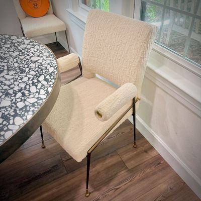 Sale Photo Thumbnail #10: Ten Studio Van Den Akker dining chairs - off-white boucle with brushed bronze and brass legs - two captain's chairs and eight side chairs
